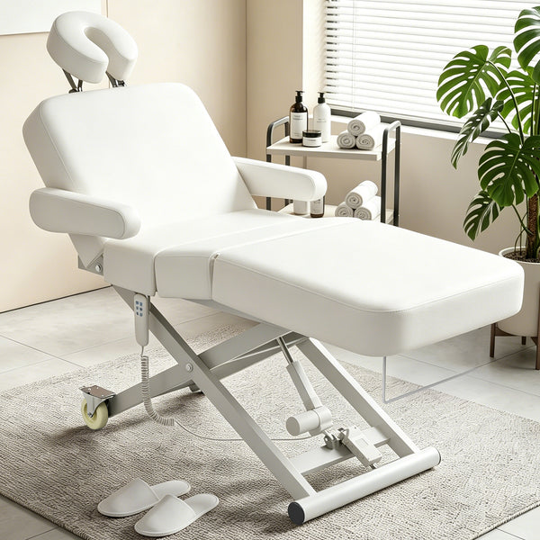 TTGIEET 3-Motor Fully Electric Massage Table, Professional Esthetician Bed with Foot Pedal & Remote Control, Height Adjustable Facial Bed with Face Cradle, Rolling Wheels, 550 lbs Capacity, White