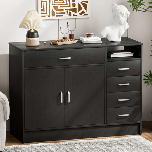 TTGIEET 5-Drawers Salon Furniture Salon Storage Station, Free Standing Cabinet for Hair Stylist, Beauty Spa Furniture w/1 Large Capacity Cabinet & 1 Open Shelf, Spa Bathroom Equipment, Black