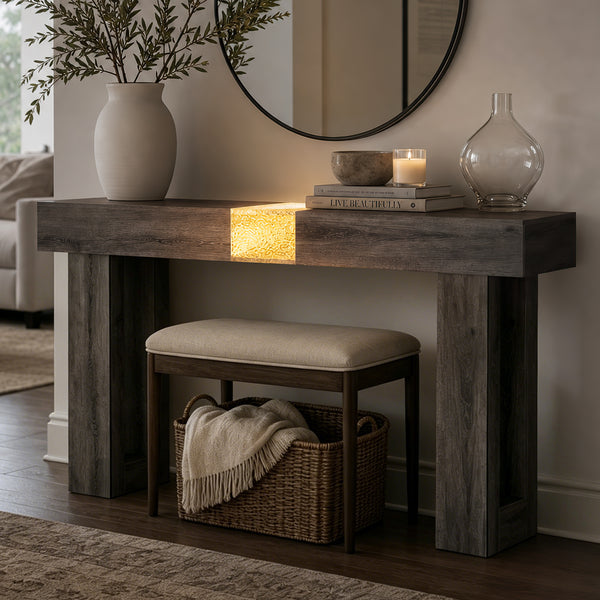 TTGIEET Wooden Console Table with Light, 60-Inch Farmhouse Entryway Table for Entrance, Sofa Table Behind Couch for Living Room