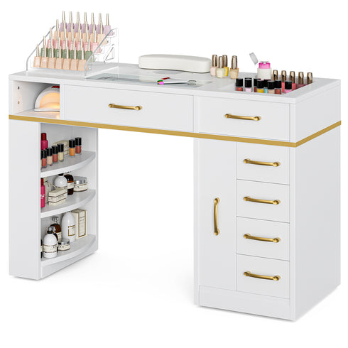 TTGIEET Nail Tech Table with Dust Collector, Glass Top Manicure Table Nail Desk Station w/7 Drawers & 3-Tiers Open Shelves, Nail Beauty Workstation w/Wrist Cushion & Golden Handles
