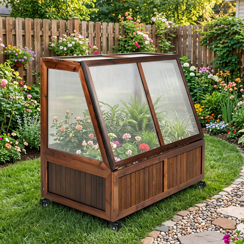 TTGIEET Wooden Cold Frame Greenhouse with Wheel, Chamber Fir Plant Cold Frame with Dual Independently Openable Flip‑Top Lids, Polycarbonate Panels Portable Plant Shelter for Balcony Patio Yard Indoor Outdoor