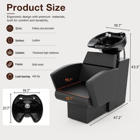 TTGIEET Shampoo Bowl and Chair Set for Salon, Porcelain Tilting Shampoo Sink Station with Adjustable Chair, Backwash Shampoo Station for Hair Salon, Barber Shop, Spa, Black