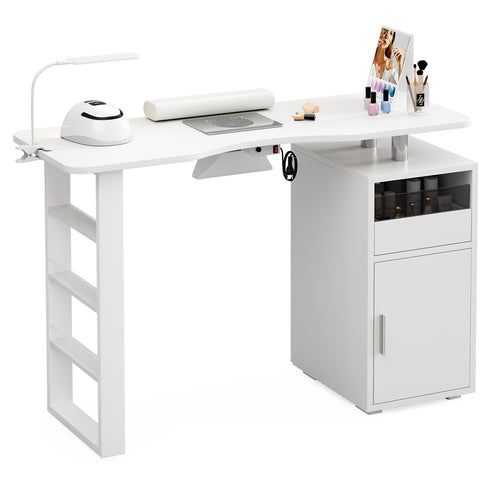 TTGIEET Manicure Table for Nail Tech, Acetone Resistant Nail Desk Station with Dust Collector & LED Lamp, Nail Table with Wrist Cushion, Drawer and Cabinet for Salon, Home Beauty Workstation