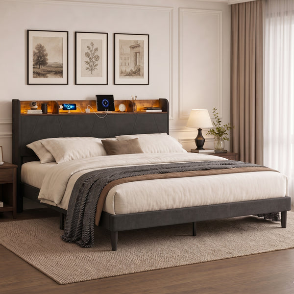 TTGIEET LED King Size Bed Frame with Charging Station & Storage Headboard – Upholstered Metal Platform, Solid Wood Slats, Noise Free, No Box Spring Needed, Easy Assembly, Black