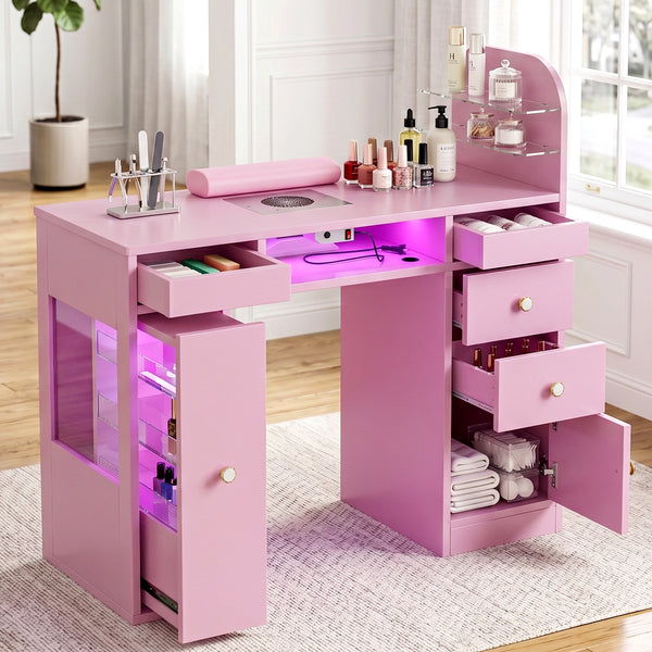 TTGIEET Nail Desk for Nail Tech with Lockable Wheels, Rolling Manicure Table w/LED Light Display Cabinet , Storage Drawers, Wrist Cushion for Beauty Salon, Spa & Home