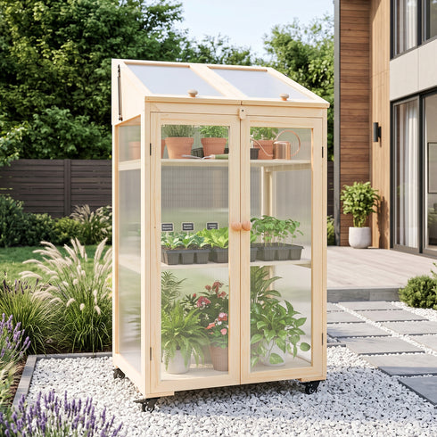 TTGIEET TTGIEET Wooden Cold Frame Greenhouse with Wheels 3‑Tier Flower Planter Shelf, Dual Independently Openable Flip‑Top Lid for Balcony Patio Indoor Outdoor