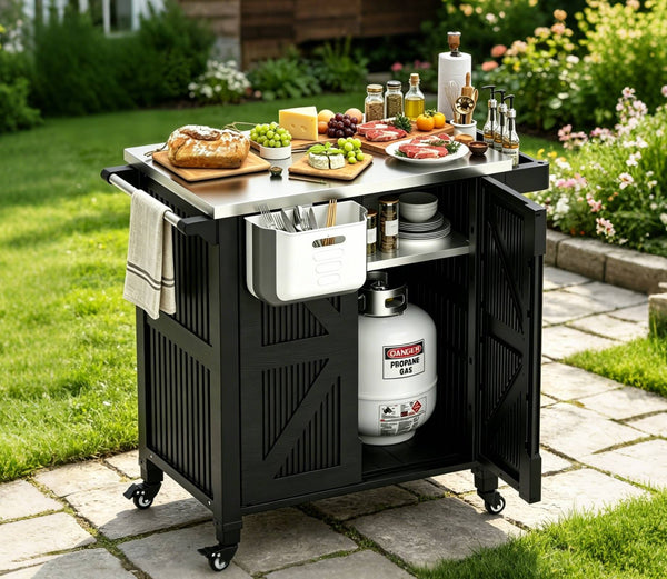 TTGIEET Outdoor Grill Cart with Storage Cabinet, Portable BBQ Prep Station Table Stainless Steel Top, Black with Spice Rack & Waterproof Cover