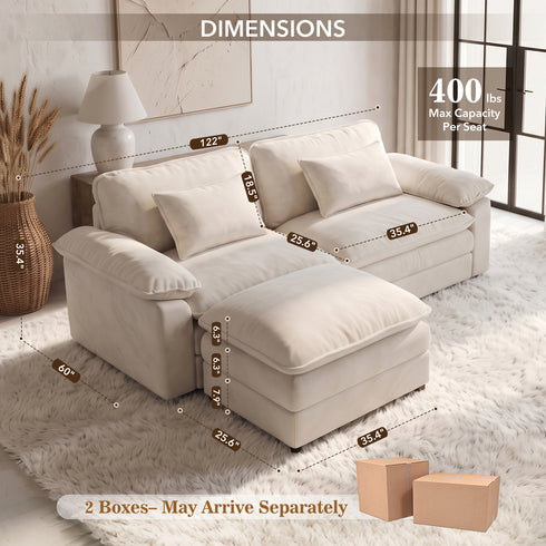TTGIEET Chenille Cloud Couch L-Shaped, 2-Seat Sofa with Movable Ottoman, Oversized Loveseat Couch for Living Room