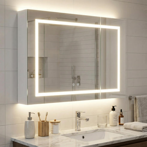 TTGIEET 24"x32" Bathroom Medicine Cabinet with Mirror and 3-Color LED Lights, Anti-Fog, Bathroom Wall Cabinet with 3-Adjustable Shelves Storage Organizer, White