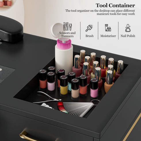 TTGIEET Nail Tech Table with Dust Collector, Glass Top Manicure Table Nail Desk Station w/7 Drawers & 3-Tiers Open Shelves, Nail Beauty Workstation w/Wrist Cushion & Golden Handles