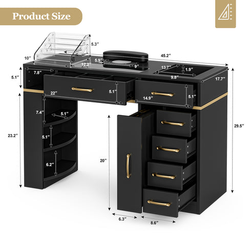 TTGIEET Nail Tech Table with Dust Collector, Glass Top Manicure Table Nail Desk Station w/7 Drawers & 3-Tiers Open Shelves, Nail Beauty Workstation w/Wrist Cushion & Golden Handles