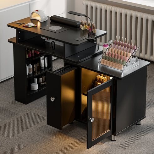 TTGIEET Manicure Table w/LED Light & Lamp, Nail Desk Nail Tech Table w/Dust Collector & Charging Station, Nail Station w/Acrylic Display Rack, Drawers & Glass Door Cabinet