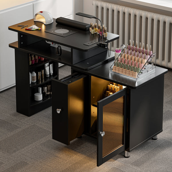 TTGIEET Manicure Table w/LED Light & Lamp, Nail Desk Nail Tech Table w/Dust Collector & Charging Station, Nail Station w/Acrylic Display Rack, Drawers & Glass Door Cabinet