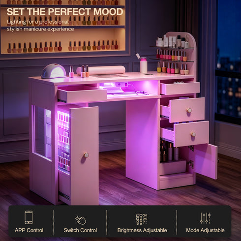 TTGIEET Nail Desk for Nail Tech with Lockable Wheels, Rolling Manicure Table w/LED Light Display Cabinet , Storage Drawers, Wrist Cushion for Beauty Salon, Spa & Home