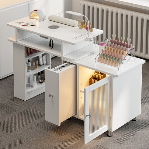 TTGIEET Manicure Table w/LED Light & Lamp, Nail Desk Nail Tech Table w/Dust Collector & Charging Station, Nail Station w/Acrylic Display Rack, Drawers & Glass Door Cabinet