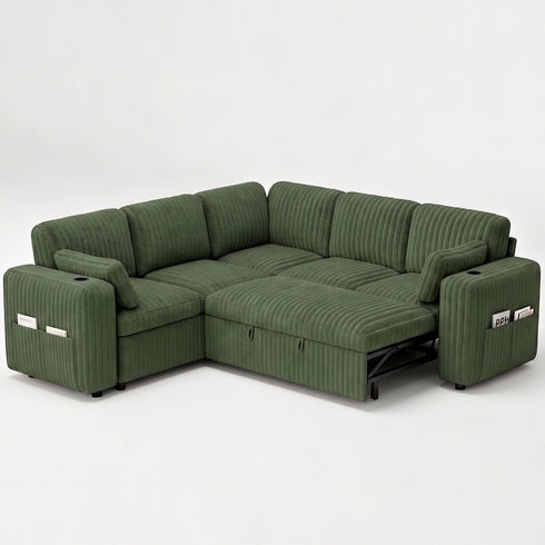 TTGIEET 5-Seater L-Shaped Reversible Sectional Sleeper Sofa, Pull-Out Sofa Bed with Storage & Cup Holders & Adjustable Backrest, Corduroy Couch for Living Room