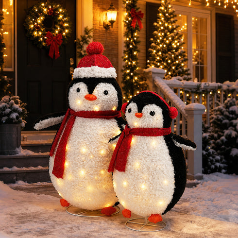 TTGIEET 2 - Piece Fluffy Lighted Penguin Family, 3ft & 2ft Pop - Up Outdoor Christmas Holiday Decoration with 150 LED Lights for Yard Garden