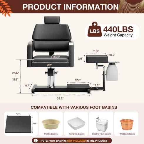TTGIEET Black Hydraulic Pedicure Chair for Nail Tech with Foot Spa Basin, Adjustable Footrest & Technician Stool