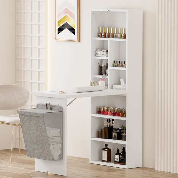 TTGIEET Foldable Manicure Table with Side Shelve, Expandable Nail Tech Table with Storage Fabric Bag, Wall Mount Nail Station Acetone Resistant Home Office Beauty Salon Workstation