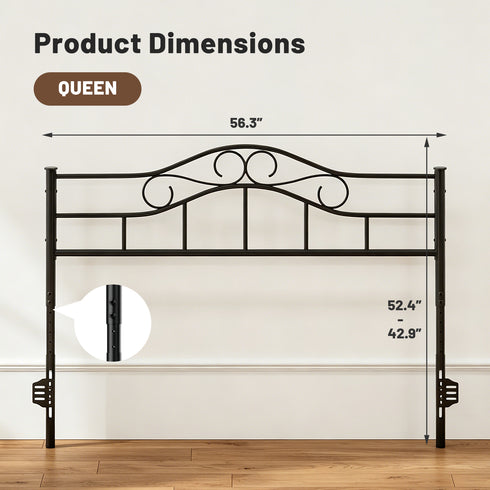 TTGIEET Metal Queen Headboard, Adjustable Height, Vintage Iron Scrollwork Design with Bed Frame Brackets Adapter