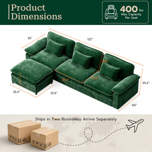 TTGIEET L-Shaped Sectional Sofa, 3-Seat Cloud Couch with Movable Ottoman, Oversized Chenille Sofa for Living Room