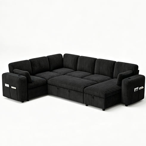 TTGIEET 7-Seater U-Shaped Sectional Sleeper Sofa, Reversible Pull-Out Sofa Bed with Storage & Cup Holders, Corduroy Couch for Living Room