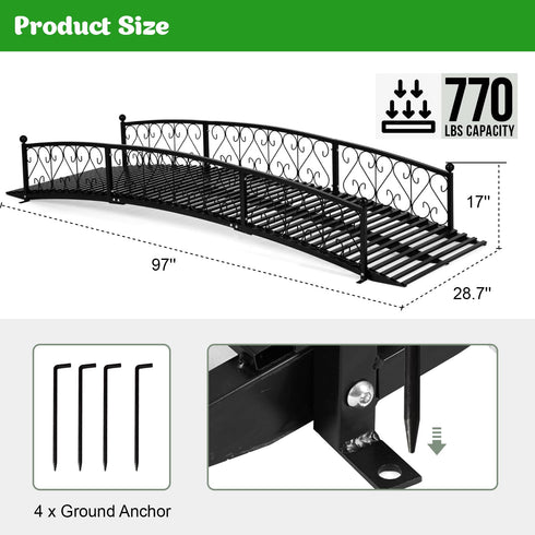 TTGIEET Metal Garden Bridge 8 FT, Durable Decorative Footbridge with Siderails Large Outdoor Bridges, Weight Capacity 770 lbs for Backyard, Creek, Lawn, Stream