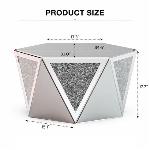 TTGIEET Hexagon Diamond Mirror Coffee Table, Crushed Diamond Finish Art Deco Luxury Centerpiece for Living Room