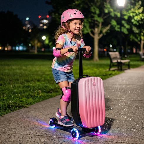 TTGIEET Kids Scooter Luggage, 20 Inch Foldable Ride-On Suitcase with LED Wheels, 40L Capacity, Adjustable Handlebar