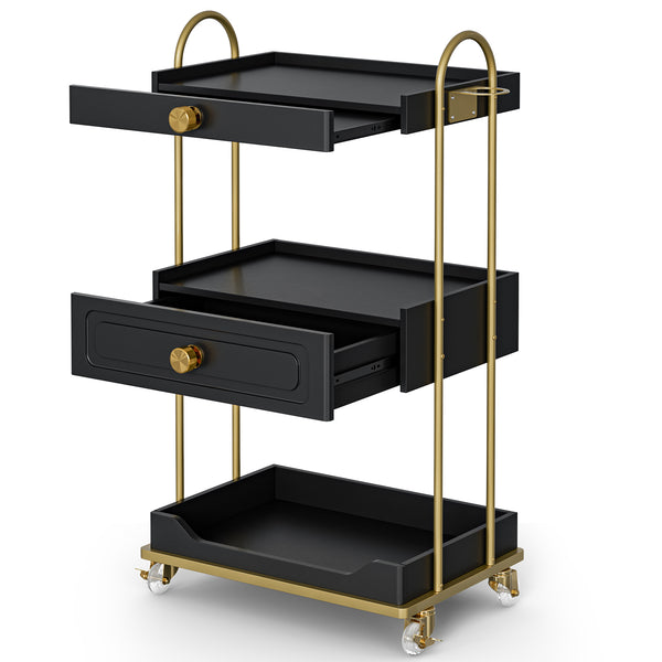 TTGIEET Barber Salon Trolley Cart w/Lockable Wheels, 3-Tier Rolling Beauty Cart with 2 Drawers & Dryer Holder, Mobile Beauty Trolley for Beauty Spa Barbershop