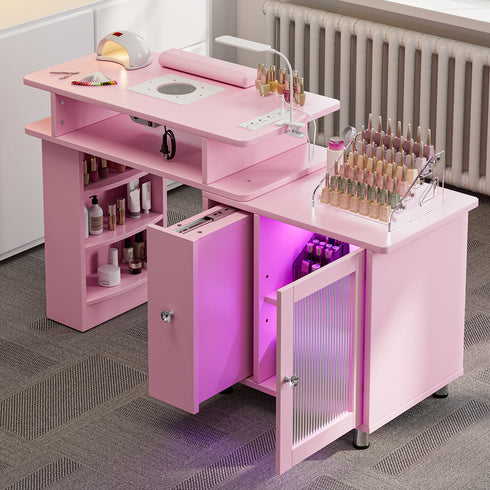 TTGIEET Manicure Table w/LED Light & Lamp, Nail Desk Nail Tech Table w/Dust Collector & Charging Station, Nail Station w/Acrylic Display Rack, Drawers & Glass Door Cabinet