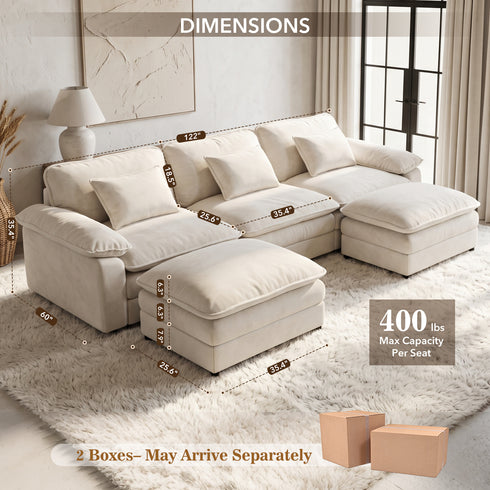TTGIEET Chenille Cloud Couch U-Shaped, 3-Seat Sofa with Two Movable Ottomans, Oversized Sectional Couch for Living Room