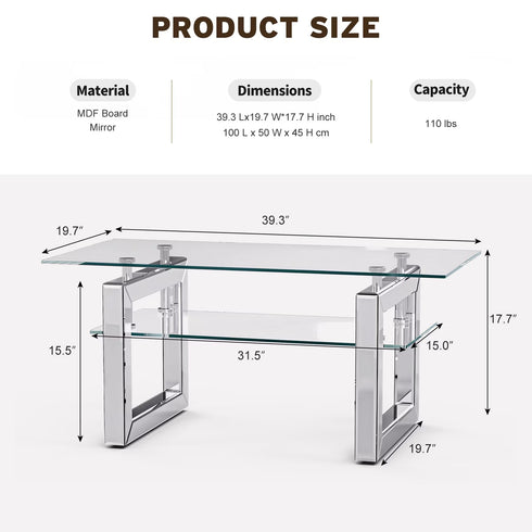 TTGIEET Mirrored Glass Coffee Table, Modern 2-Tier Tempered Glass End Table with Sturdy Metal Legs, Rectangle Silver Tea Table for Living Room, Office, Home