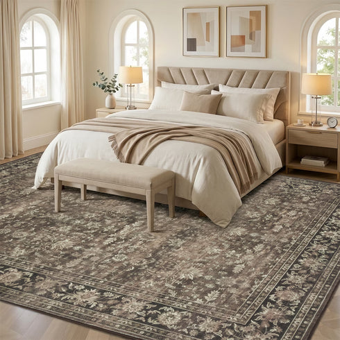 TTGIEET Persian Vintage 8x10 Floral Area Rug, Scalloped Washable Non Slip Stain Resistant Large Carpet for Standard Living King Bedroom Dining Office