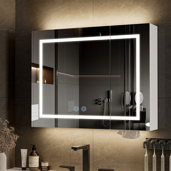 TTGIEET 24"x32" Bathroom Medicine Cabinet with Mirror and 3-Color LED Lights, Anti-Fog, Bathroom Wall Cabinet with 3-Adjustable Shelves Storage Organizer, White