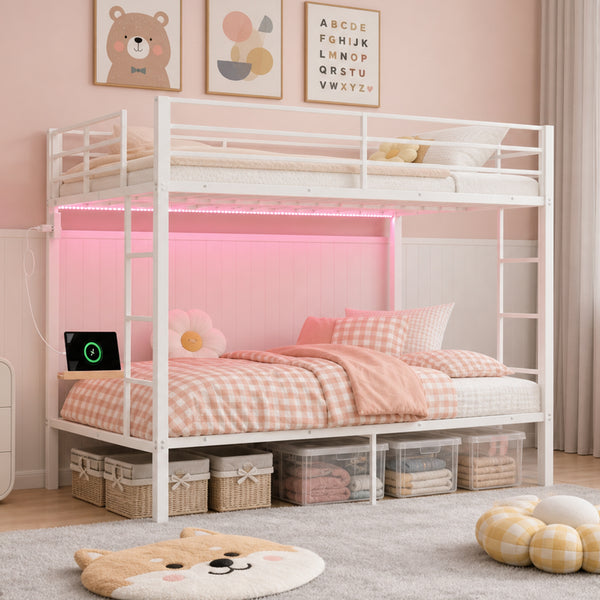 TTGIEET Full Metal Bunk Bed Frame w/ LED & USB Ports, Dual Guardrails, 2 Ladders, Heavy-Duty