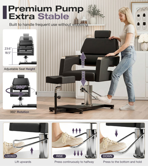 TTGIEET Black Hydraulic Pedicure Chair for Nail Tech with Adjustable Footrest, 360 Swivel, No Plumbing for Salon
