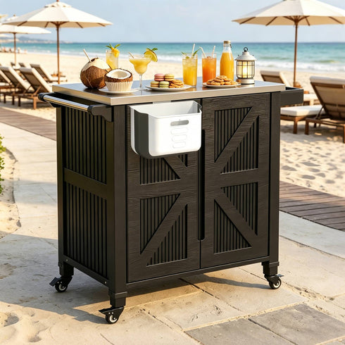TTGIEET Outdoor Grill Cart with Storage Cabinet, Portable BBQ Prep Station Table Stainless Steel Top, Black with Spice Rack & Waterproof Cover