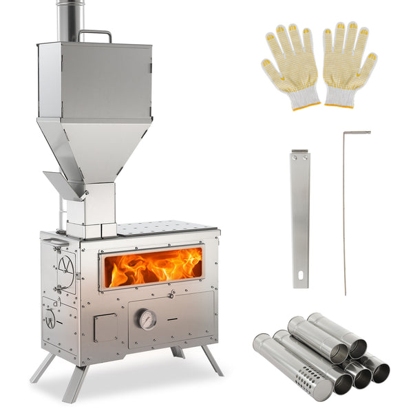 TTGIEET Wood Burning Stove with Oven – Portable Pellet Camping Tent Heater, 304 Stainless Steel, Includes Chimney Pipes, Outdoor Cooking for Winter Hunting Hiking Fishing