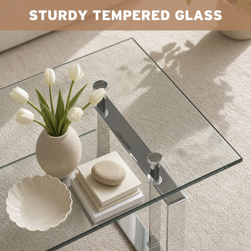 TTGIEET Mirrored Glass Coffee Table, Modern 2-Tier Tempered Glass End Table with Sturdy Metal Legs, Rectangle Silver Tea Table for Living Room, Office, Home