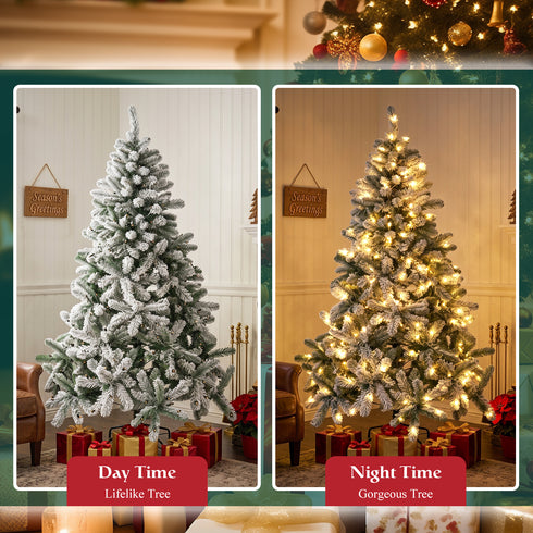 TTGIEET 6FT Pre-Lit Flocked Hinged Christmas Tree with 250 Warm Lights