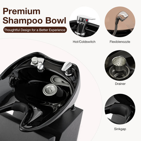TTGIEET Shampoo Bowl and Chair Set for Salon, Porcelain Tilting Shampoo Sink Station with Adjustable Chair, Backwash Shampoo Station for Hair Salon, Barber Shop, Spa, Black