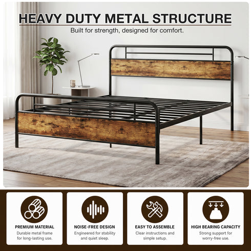 TTGIEET California King Metal Bed Frame w/Wooden Headboard, Footboard, Heavy Duty Steel Slats, Farmhouse Platform Bed Frame w/12" Under Bed Storage, No Box Spring Needed(Rustic Brown)