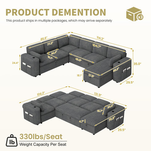 TTGIEET 7-Seater U-Shaped Sectional Sleeper Sofa, Reversible Pull-Out Sofa Bed with Storage & Cup Holders, Corduroy Couch for Living Room