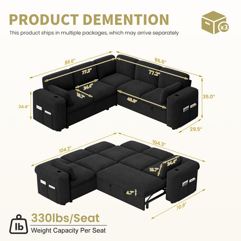 TTGIEET 5-Seater L-Shaped Reversible Sectional Sleeper Sofa, Pull-Out Sofa Bed with Storage & Cup Holders & Adjustable Backrest, Corduroy Couch for Living Room