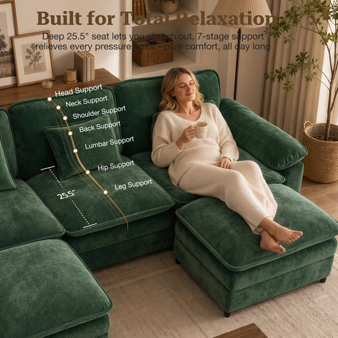 TTGIEET U-Shaped Sectional Sofa, 3-Seat Cloud Couch with 2 Reversible Ottomans, Oversized Chenille Sofa for Living Room
