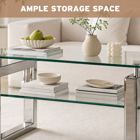 TTGIEET Mirrored Glass Coffee Table, Modern 2-Tier Tempered Glass End Table with Sturdy Metal Legs, Rectangle Silver Tea Table for Living Room, Office, Home