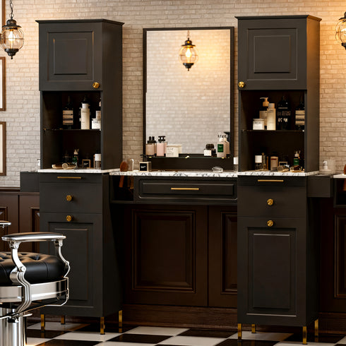TTGIEET Wall Mount Salon Station with Mirror, Hair Styling Barber Station with 3 Alloy Hair Dryer Holders & 1 Drawer, Beauty Salon Spa Equipment Set for Hair Styling