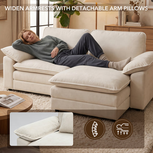 TTGIEET Chenille Cloud Couch L-Shaped, 2-Seat Sofa with Movable Ottoman, Oversized Loveseat Couch for Living Room