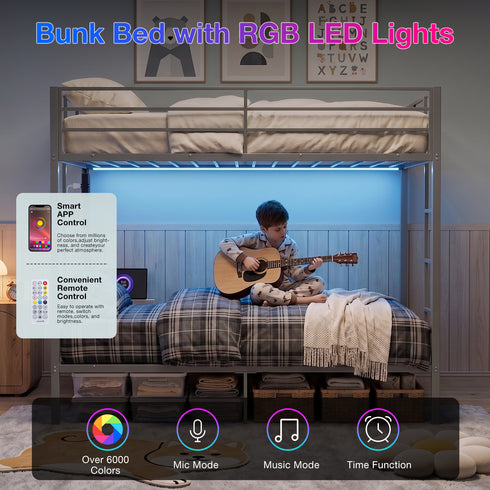 TTGIEET Full Metal Bunk Bed Frame w/ LED & USB Ports, Dual Guardrails, 2 Ladders, Heavy-Duty